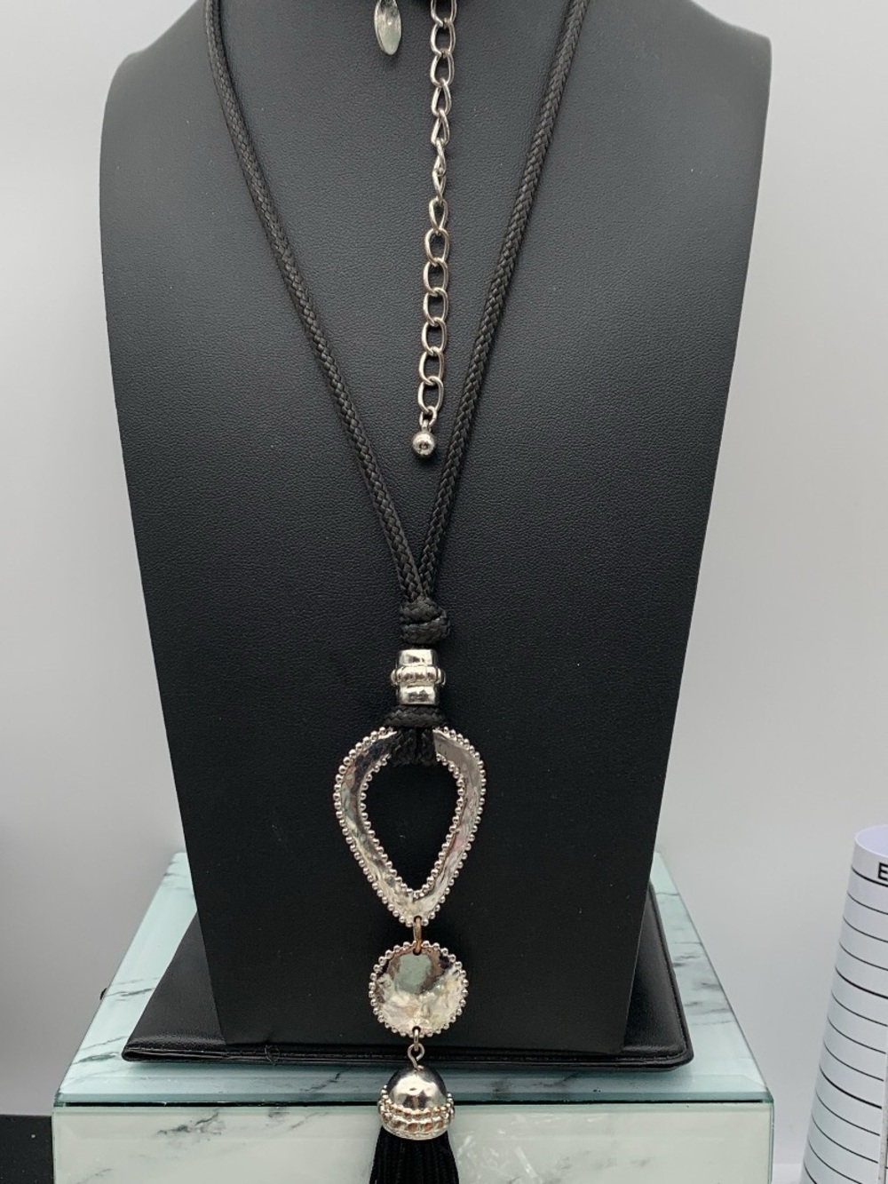 Chicos black corded Necklace with Silver tone Pendant with tassel 29-33”